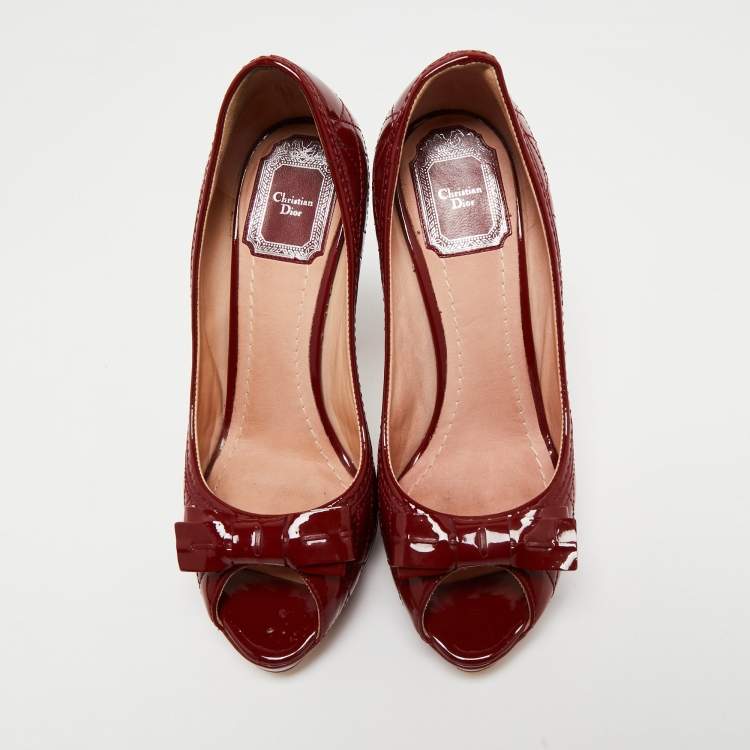Pre Owned Dior Deep Red Cannage Patent Leather Bow Peep Toe Platform Pumps Size 36.5