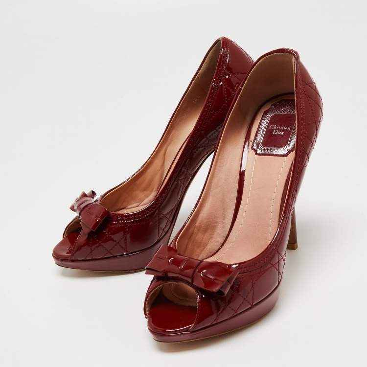 Pre Owned Dior Deep Red Cannage Patent Leather Bow Peep Toe Platform Pumps Size 36.5