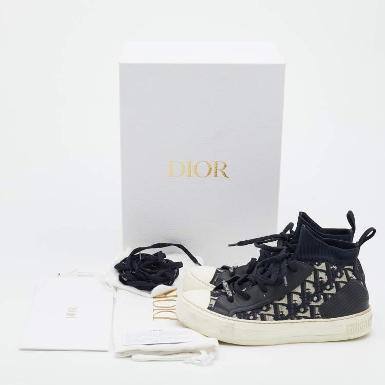 Pre Owned Dior Navy Blue/White Oblique Knit Fabric And Leather Walk'n'Dior High Top Sneakers Size 37.5