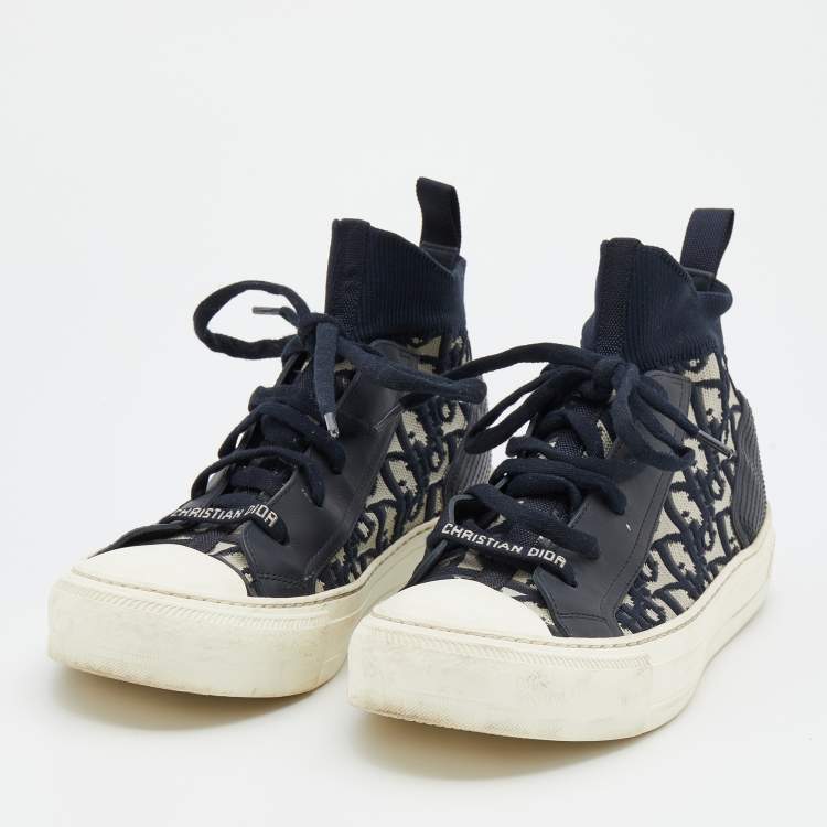 Pre Owned Dior Navy Blue/White Oblique Knit Fabric And Leather Walk'n'Dior High Top Sneakers Size 37.5