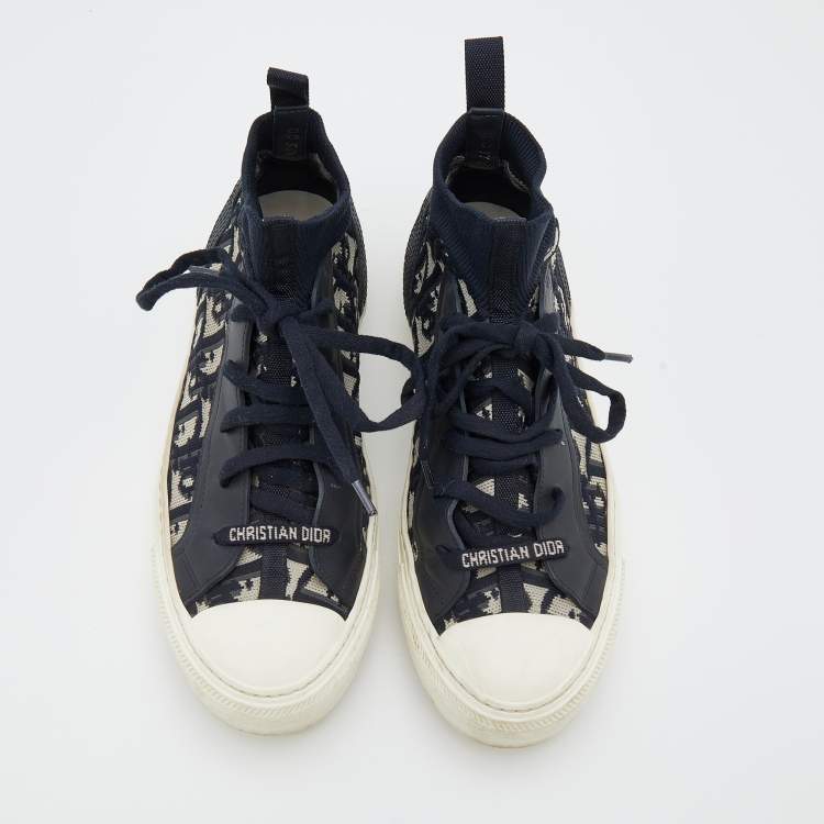 Pre Owned Dior Navy Blue/White Oblique Knit Fabric And Leather Walk'n'Dior High Top Sneakers Size 37.5