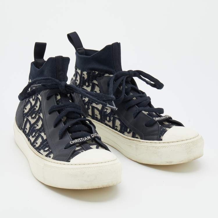 Pre Owned Dior Navy Blue/White Oblique Knit Fabric And Leather Walk'n'Dior High Top Sneakers Size 37.5