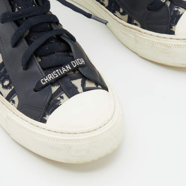 Pre Owned Dior Navy Blue/White Oblique Knit Fabric And Leather Walk'n'Dior High Top Sneakers Size 37.5