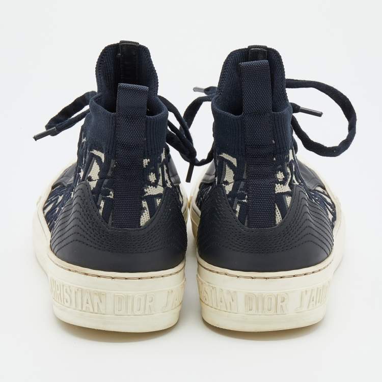 Pre Owned Dior Navy Blue/White Oblique Knit Fabric And Leather Walk'n'Dior High Top Sneakers Size 37.5