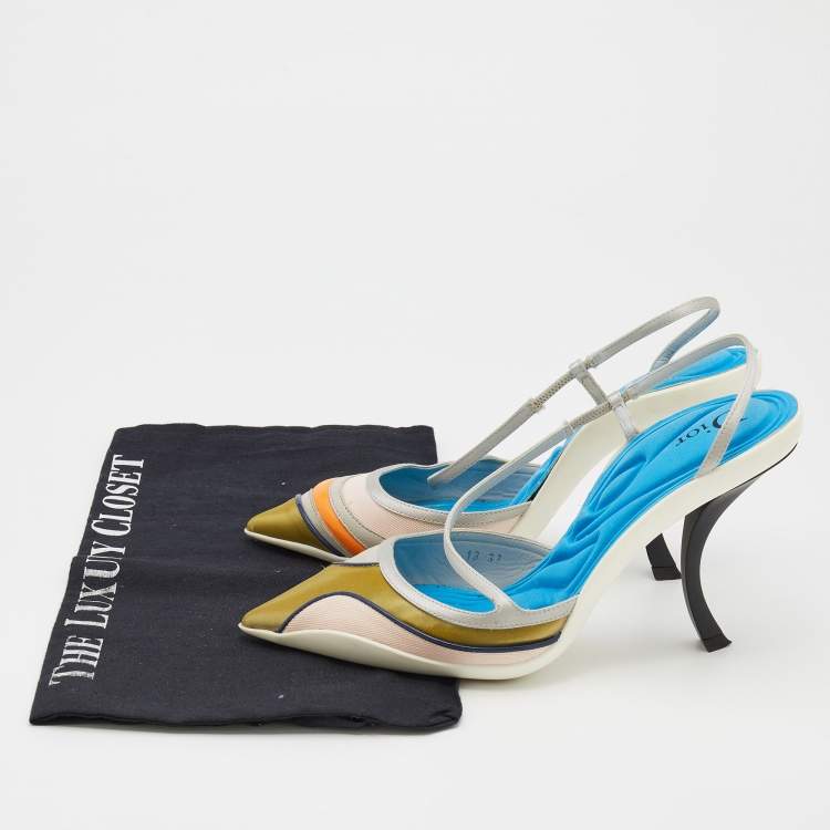 Pre Owned Dior Multicolor Satin And Leather Pointed Toe Slingback Pumps Size 37