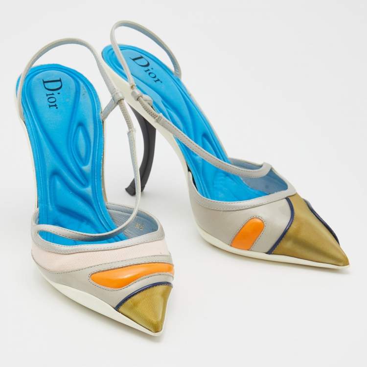 Pre Owned Dior Multicolor Satin And Leather Pointed Toe Slingback Pumps Size 37