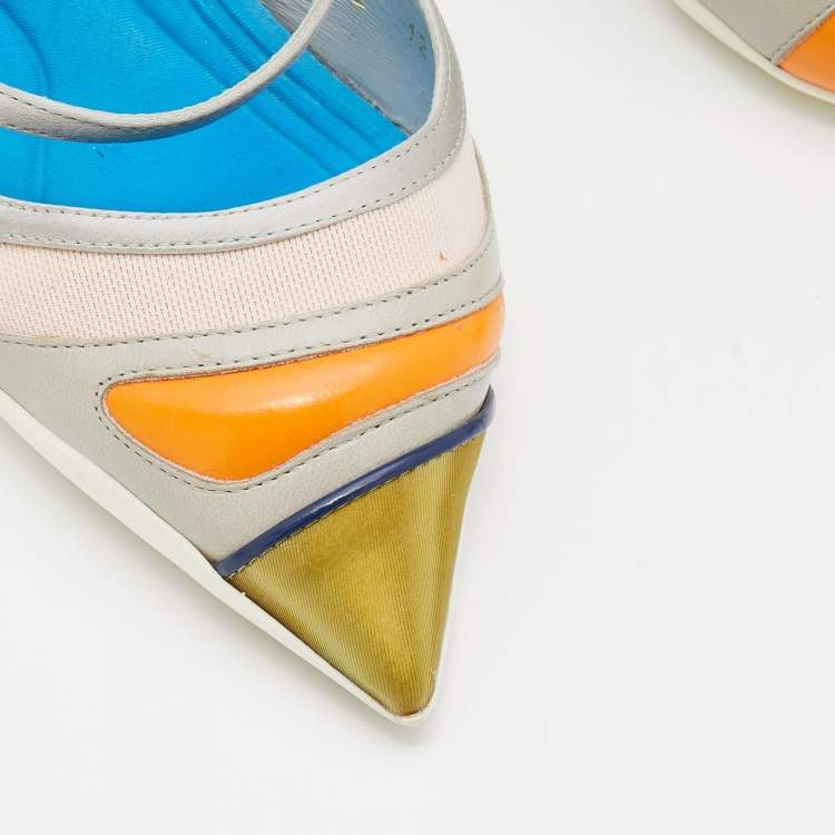 Pre Owned Dior Multicolor Satin And Leather Pointed Toe Slingback Pumps Size 37