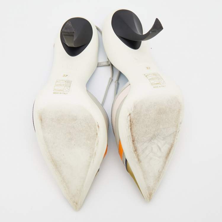 Pre Owned Dior Multicolor Satin And Leather Pointed Toe Slingback Pumps Size 37