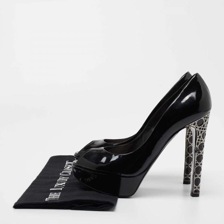 Pre Owned Dior Black Patent Leather Peep Toe Cannage Heel Platform Pumps Size 37.5