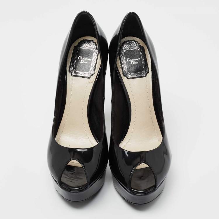 Pre Owned Dior Black Patent Leather Peep Toe Cannage Heel Platform Pumps Size 37.5