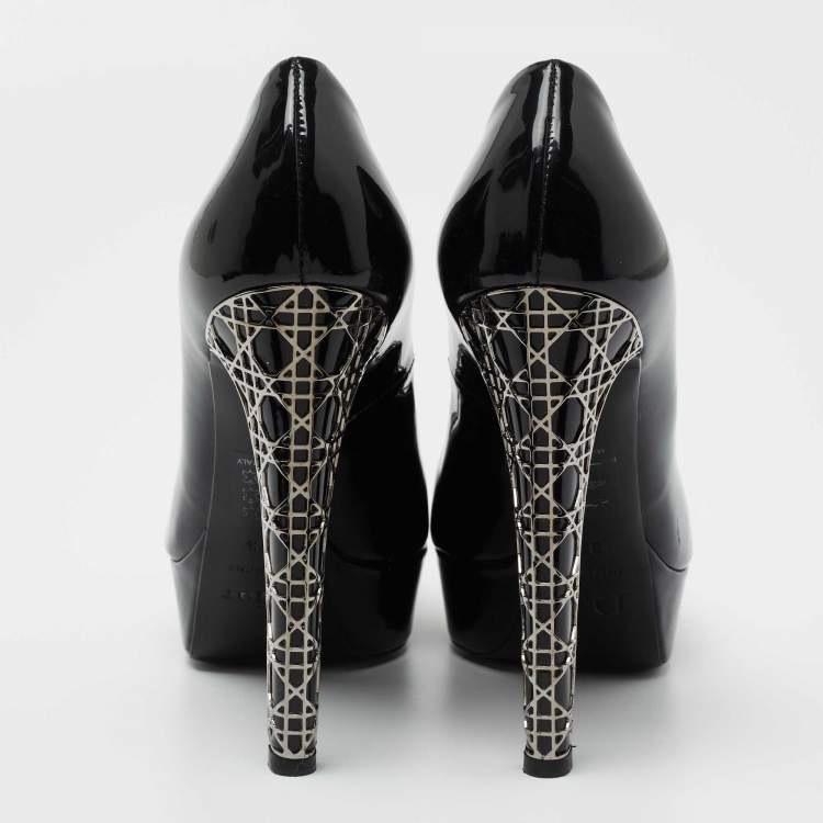 Pre Owned Dior Black Patent Leather Peep Toe Cannage Heel Platform Pumps Size 37.5
