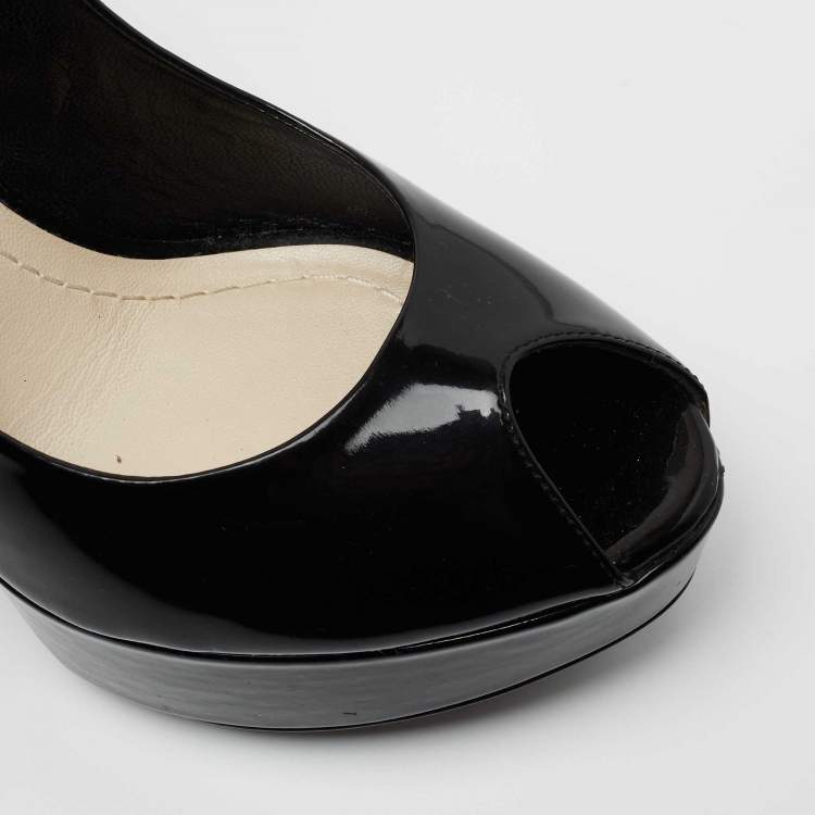 Pre Owned Dior Black Patent Leather Peep Toe Cannage Heel Platform Pumps Size 37.5