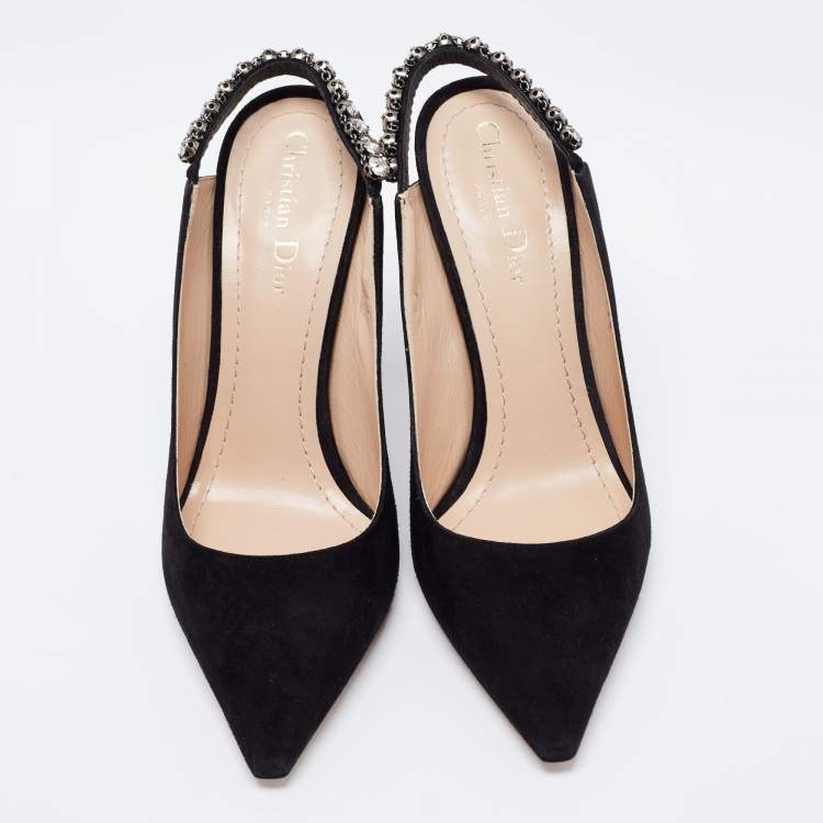 Pre Owned Dior Black Suede Crystal Embellished Slingback Pumps Size 39.5