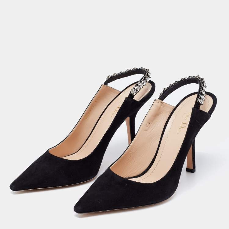 Pre Owned Dior Black Suede Crystal Embellished Slingback Pumps Size 39.5