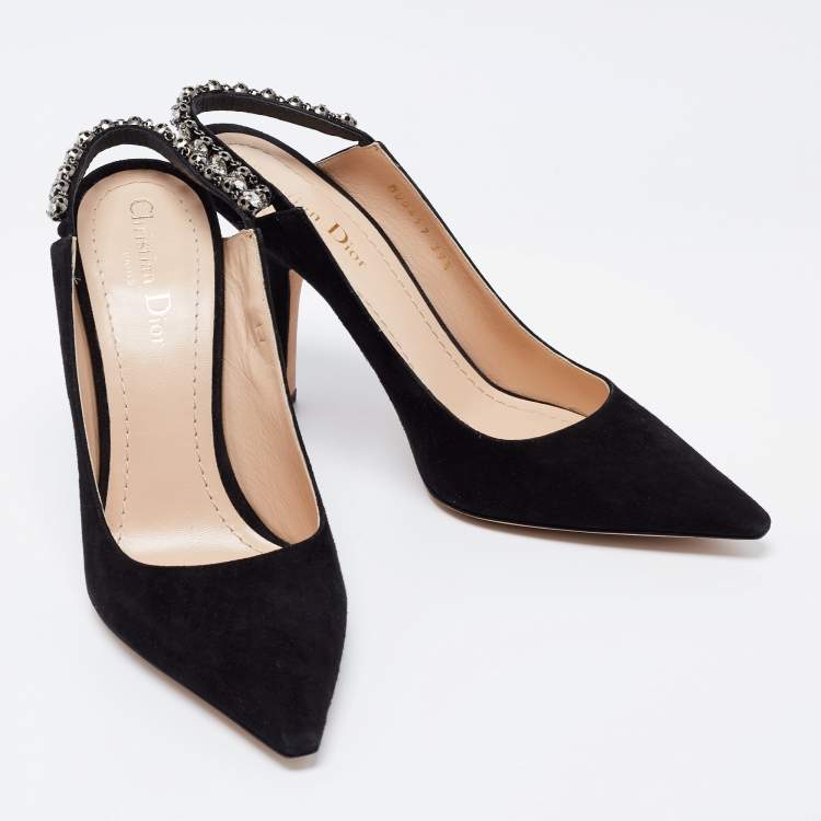 Pre Owned Dior Black Suede Crystal Embellished Slingback Pumps Size 39.5