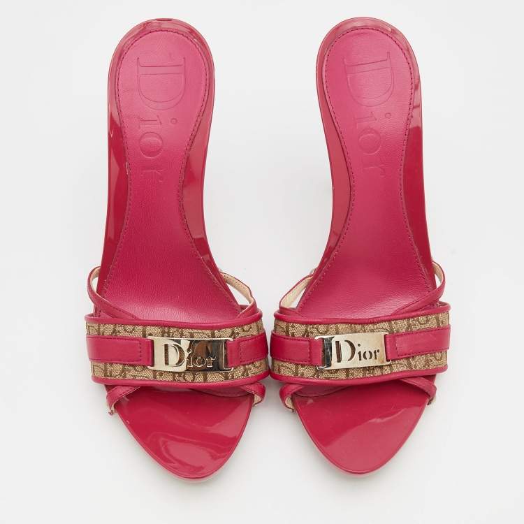 Pre Owned Dior Pink/Beige Leather And Canvas Mules Sandals Size 36