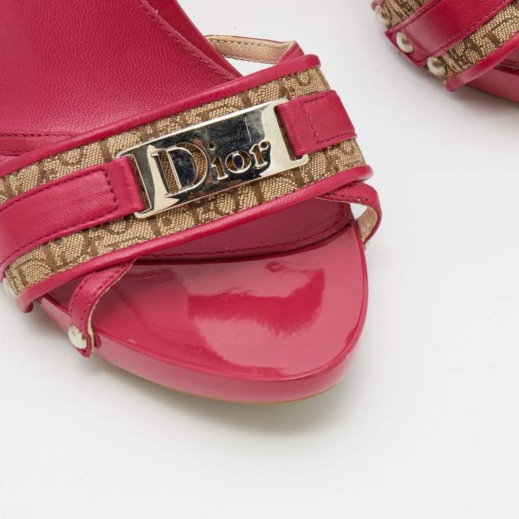 Pre Owned Dior Pink/Beige Leather And Canvas Mules Sandals Size 36