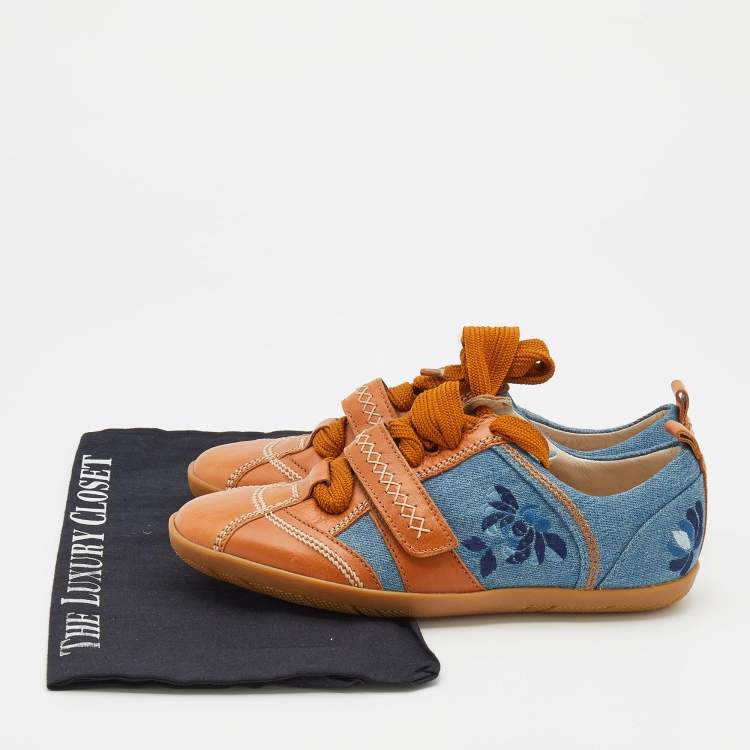 مملوكة مسبقًا Dior Tan/Blue Denim and Leather Stitch Velcro Lace Up Sneakers Size 36.5