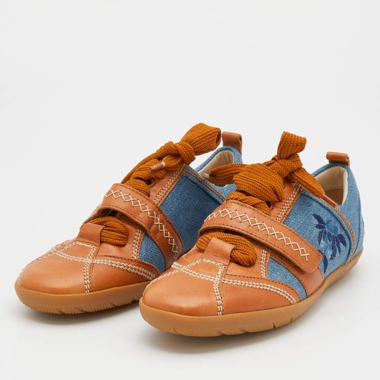 مملوكة مسبقًا Dior Tan/Blue Denim and Leather Stitch Velcro Lace Up Sneakers Size 36.5