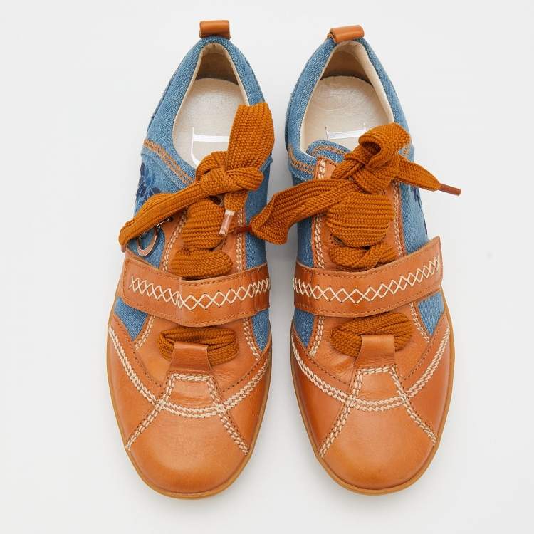 مملوكة مسبقًا Dior Tan/Blue Denim and Leather Stitch Velcro Lace Up Sneakers Size 36.5