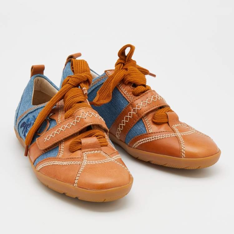 مملوكة مسبقًا Dior Tan/Blue Denim and Leather Stitch Velcro Lace Up Sneakers Size 36.5