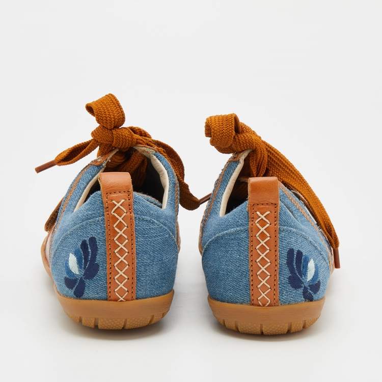 مملوكة مسبقًا Dior Tan/Blue Denim and Leather Stitch Velcro Lace Up Sneakers Size 36.5