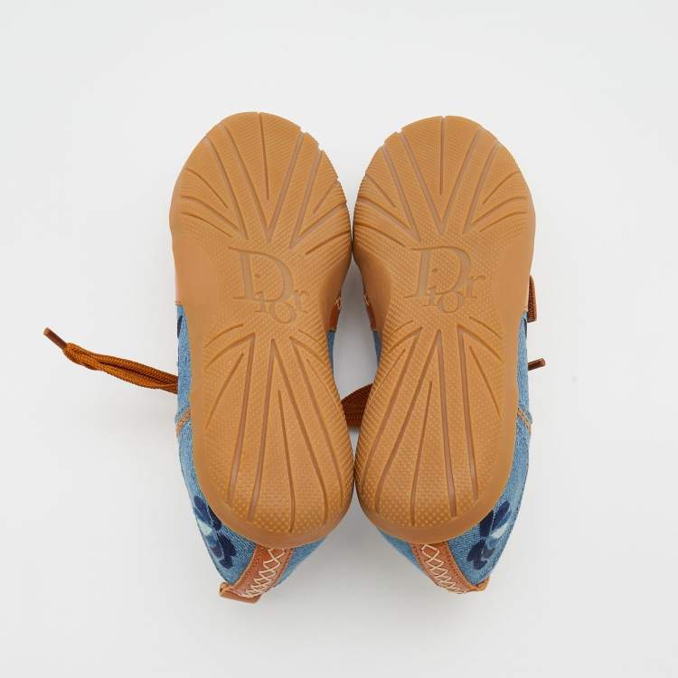 مملوكة مسبقًا Dior Tan/Blue Denim and Leather Stitch Velcro Lace Up Sneakers Size 36.5