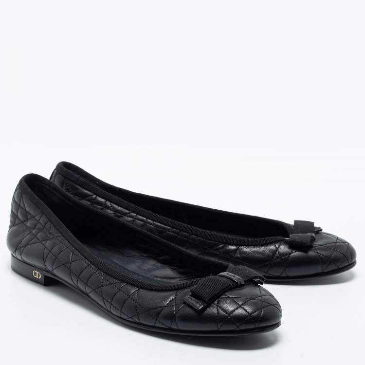Pre Owned Dior Black Cannage Quilted Leather Bow Ballet Flats Size 38.5