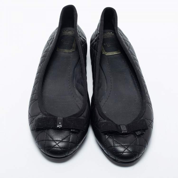 Pre Owned Dior Black Cannage Quilted Leather Bow Ballet Flats Size 38.5