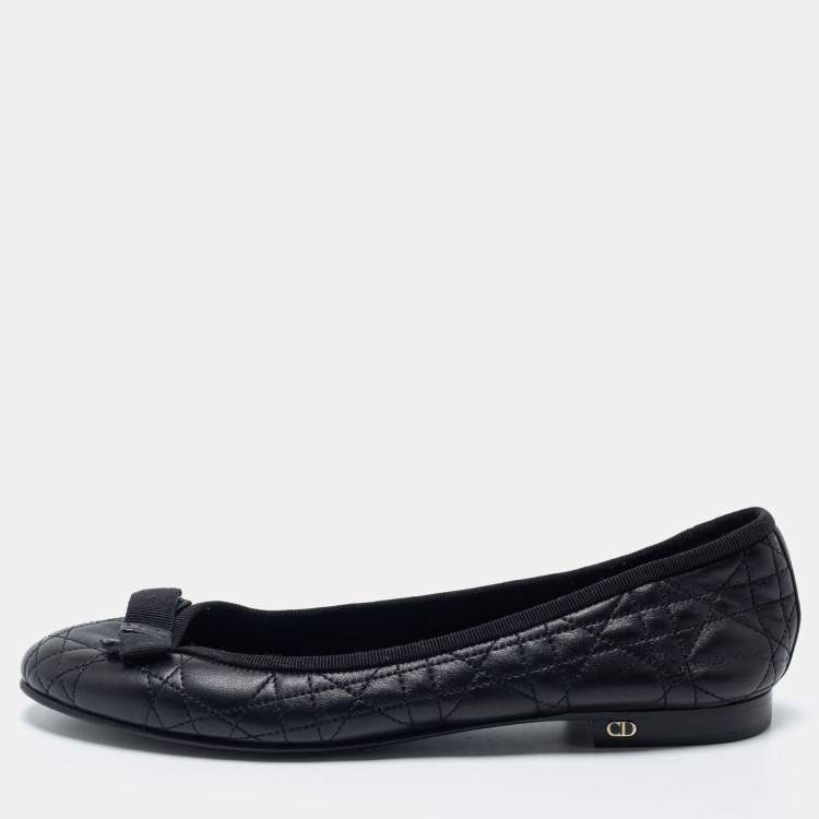 Pre Owned Dior Black Cannage Quilted Leather Bow Ballet Flats Size 38.5