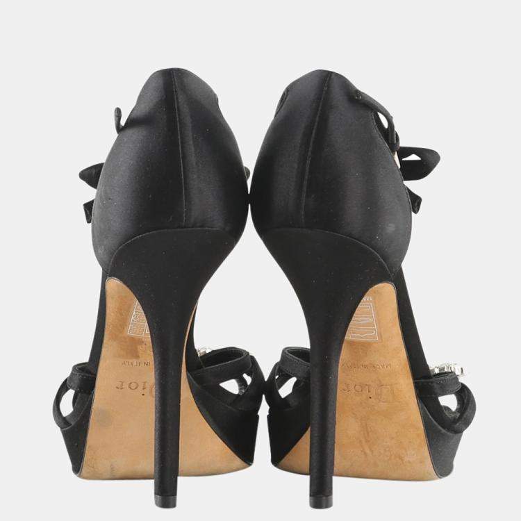 Pre Owned Christian Dior Black Satin Crystal Bow Open Toe Sandals Size EU 36