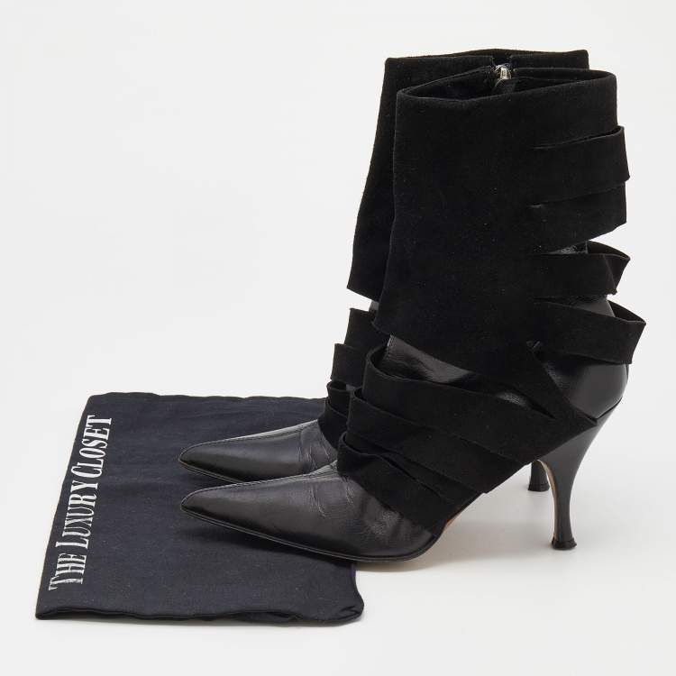 Pre Owned Dior Black Suede and Leather Pointed Toe Ankle Length Boots Size 38.5