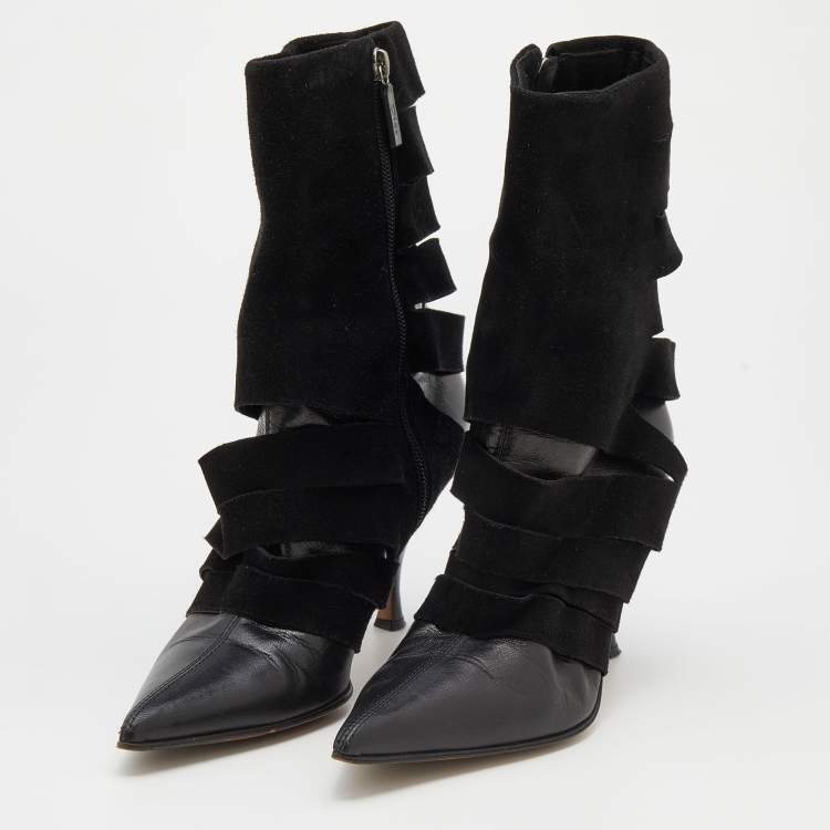 Pre Owned Dior Black Suede and Leather Pointed Toe Ankle Length Boots Size 38.5