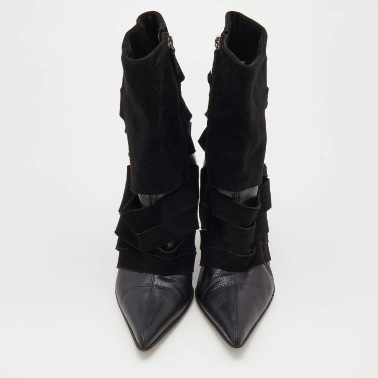 Pre Owned Dior Black Suede and Leather Pointed Toe Ankle Length Boots Size 38.5