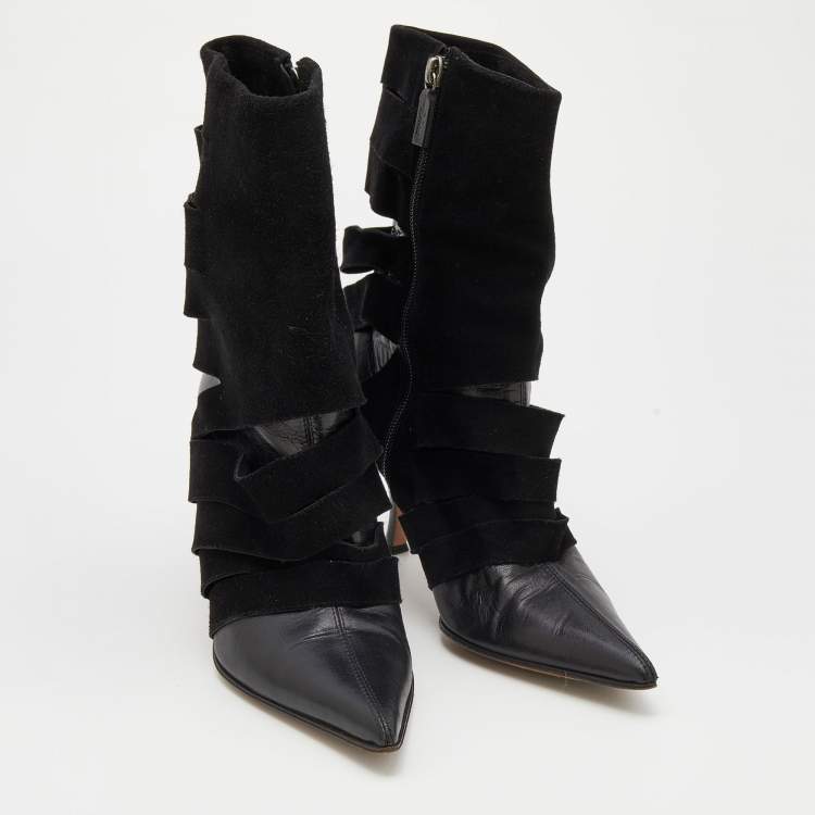 Pre Owned Dior Black Suede and Leather Pointed Toe Ankle Length Boots Size 38.5