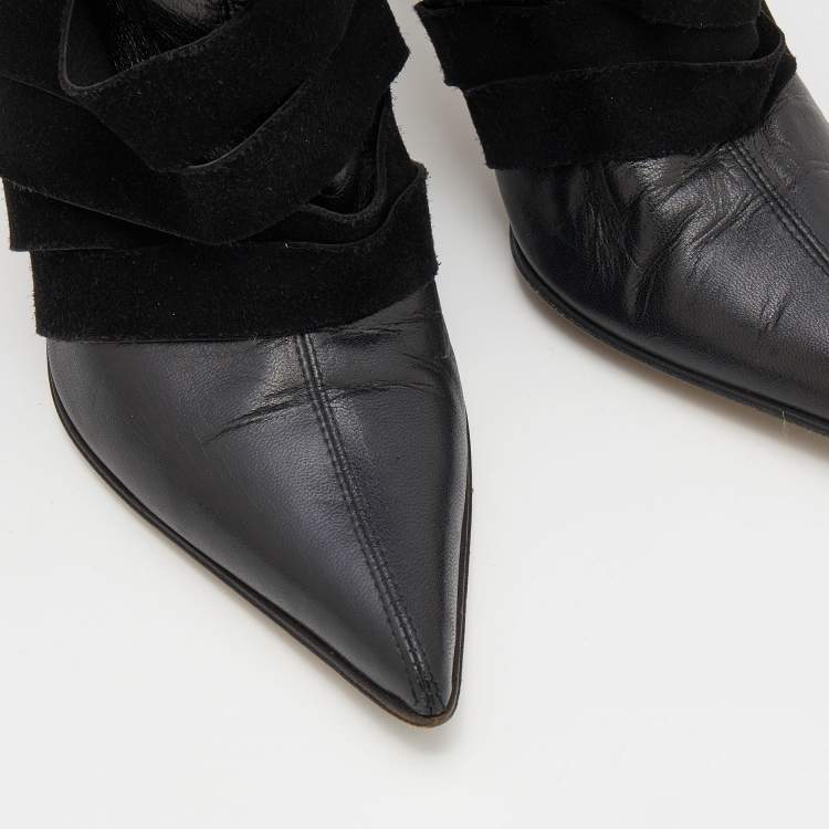 Pre Owned Dior Black Suede and Leather Pointed Toe Ankle Length Boots Size 38.5