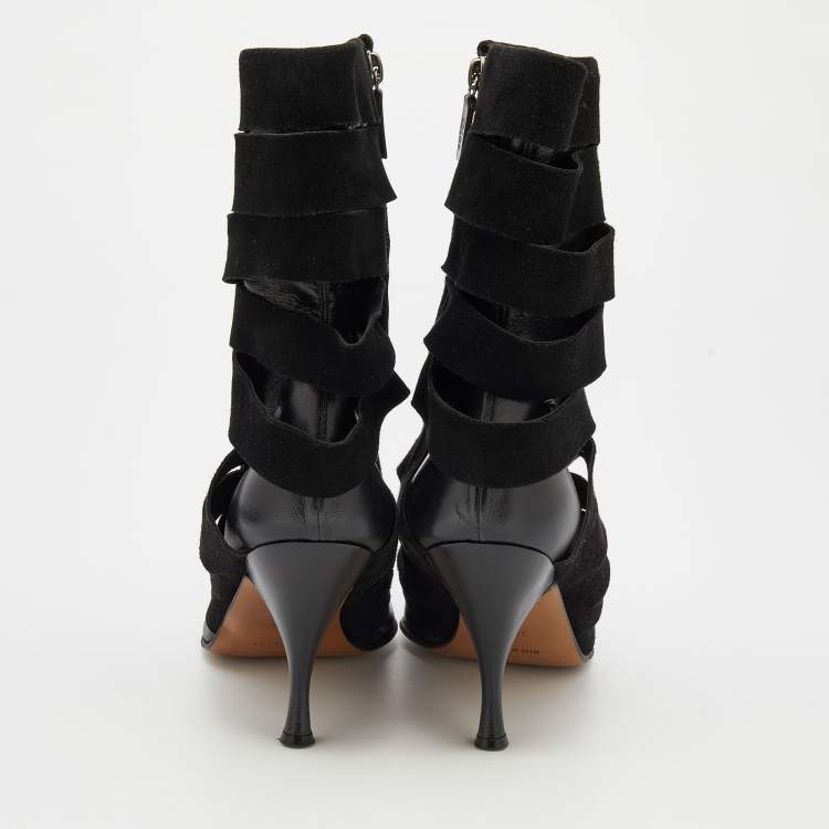 Pre Owned Dior Black Suede and Leather Pointed Toe Ankle Length Boots Size 38.5