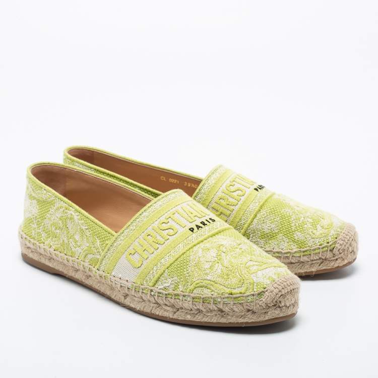 Pre Owned Dior White/Green Canvas Granville Flat Espadrilles Size 39.5