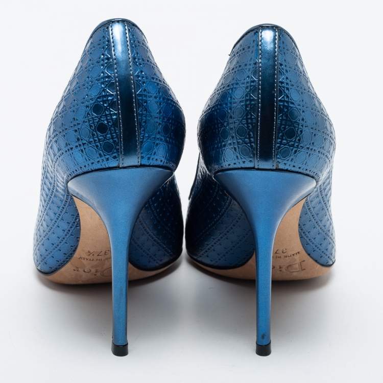 Pre Owned Dior Metallic Blue Cannage Leather Cherie Pointed Toe Pumps Size 37.5