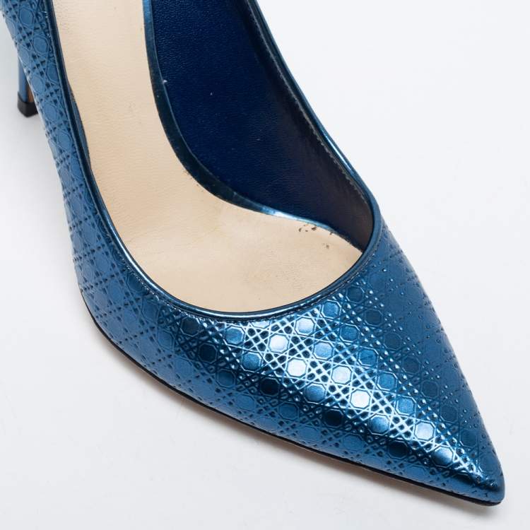 Pre Owned Dior Metallic Blue Cannage Leather Cherie Pointed Toe Pumps Size 37.5