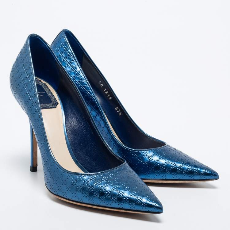 Pre Owned Dior Metallic Blue Cannage Leather Cherie Pointed Toe Pumps Size 37.5