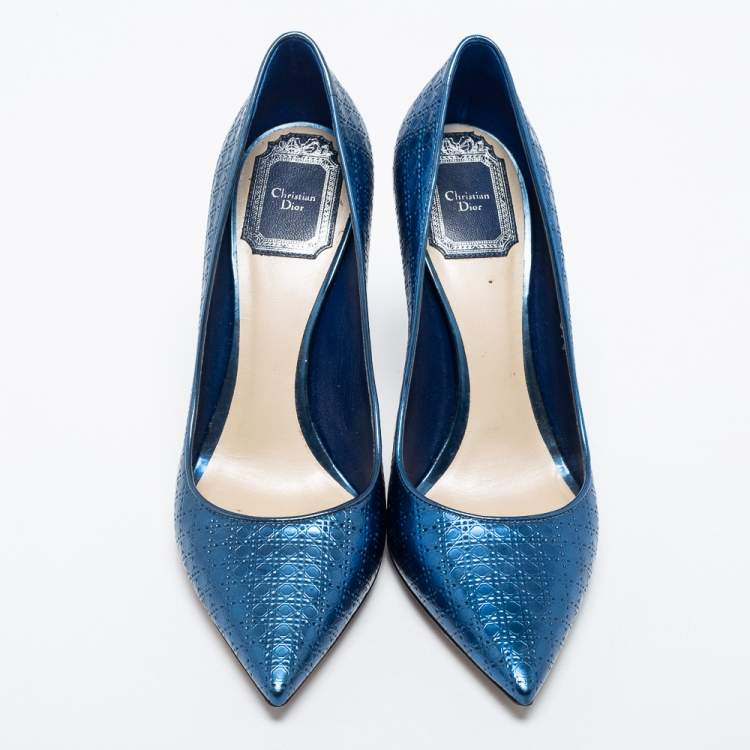 Pre Owned Dior Metallic Blue Cannage Leather Cherie Pointed Toe Pumps Size 37.5