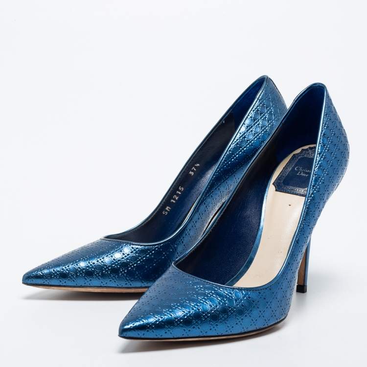 Pre Owned Dior Metallic Blue Cannage Leather Cherie Pointed Toe Pumps Size 37.5
