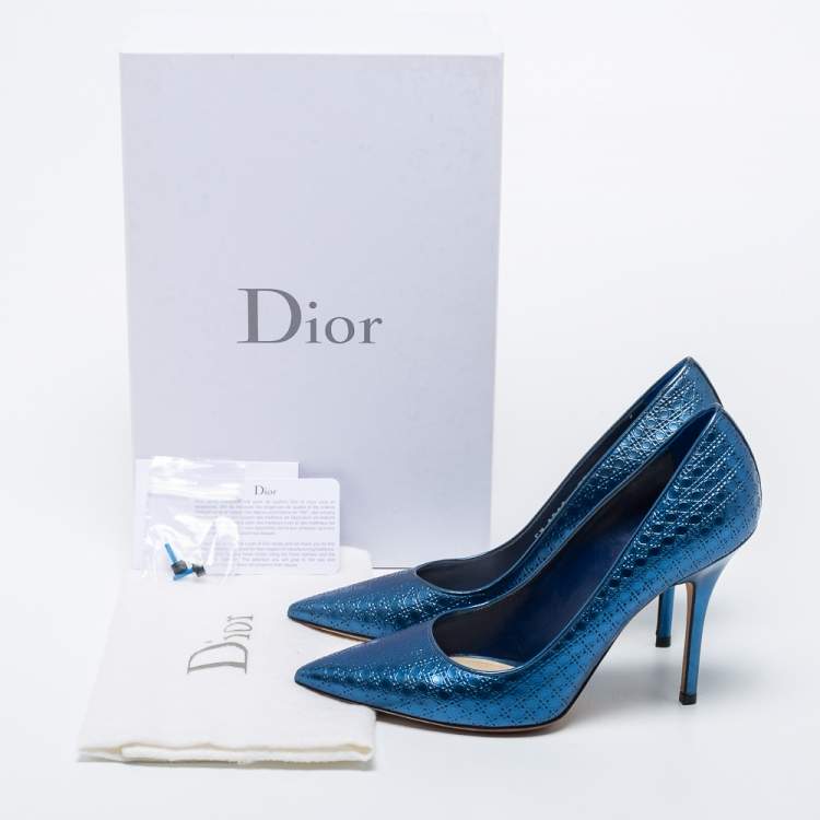 Pre Owned Dior Metallic Blue Cannage Leather Cherie Pointed Toe Pumps Size 37.5