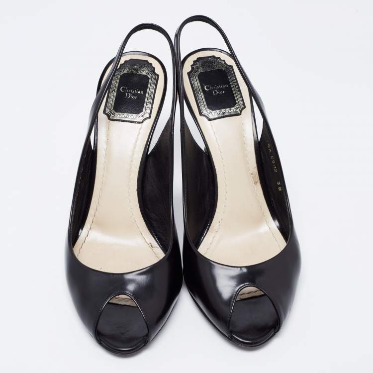 Pre Owned Dior Black Leather Peep Toe Cannage Heel Slingback Pumps Size 38