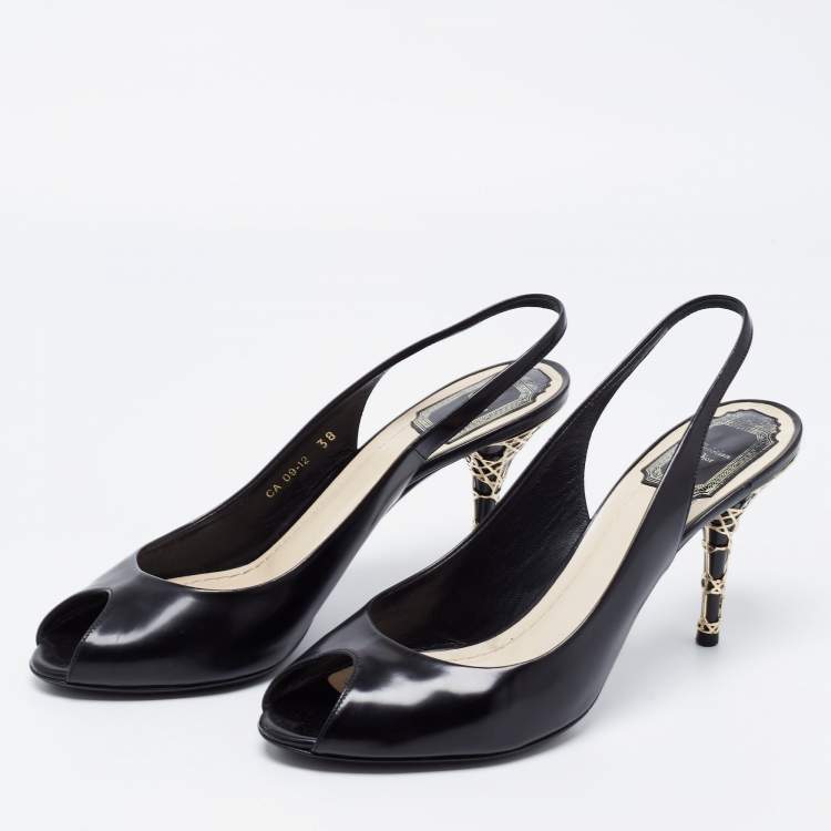 Pre Owned Dior Black Leather Peep Toe Cannage Heel Slingback Pumps Size 38