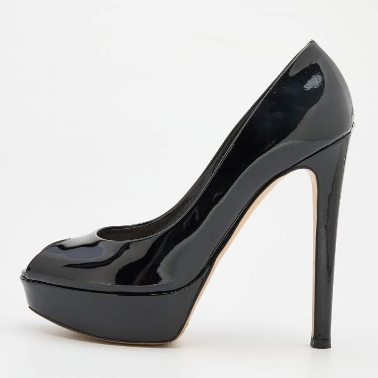 Pre Owned Dior Black Patent Leather Peep Toe Platform Pumps Size 38
