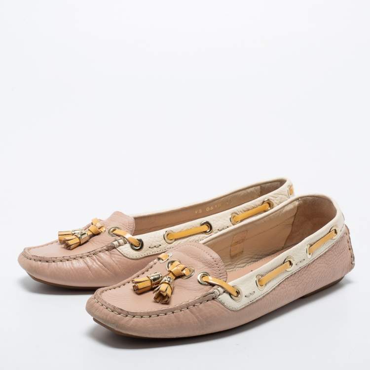 Pre Owned Dior Pink/White Leather Tassel Slip on Loafers Size 39