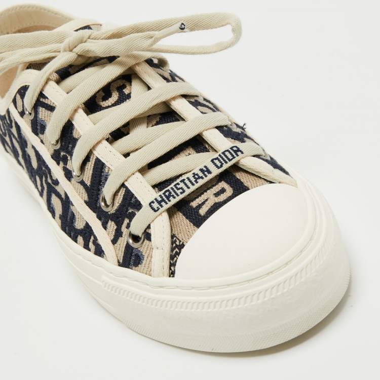 Pre Owned Dior Navy Blue/Off-White Oblique Fabric Walk'n'Dior Low Top Sneakers Size 36