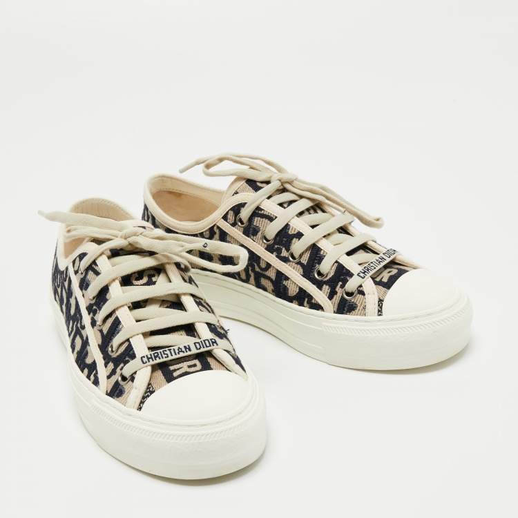 Pre Owned Dior Navy Blue/Off-White Oblique Fabric Walk'n'Dior Low Top Sneakers Size 36